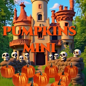 May include: A collection of orange mini pumpkins arranged in front of a stone wall with skulls and a castle in the background. The text PUMPKINS MINI is displayed in orange letters over the castle. The scene includes green trees and a blue sky.