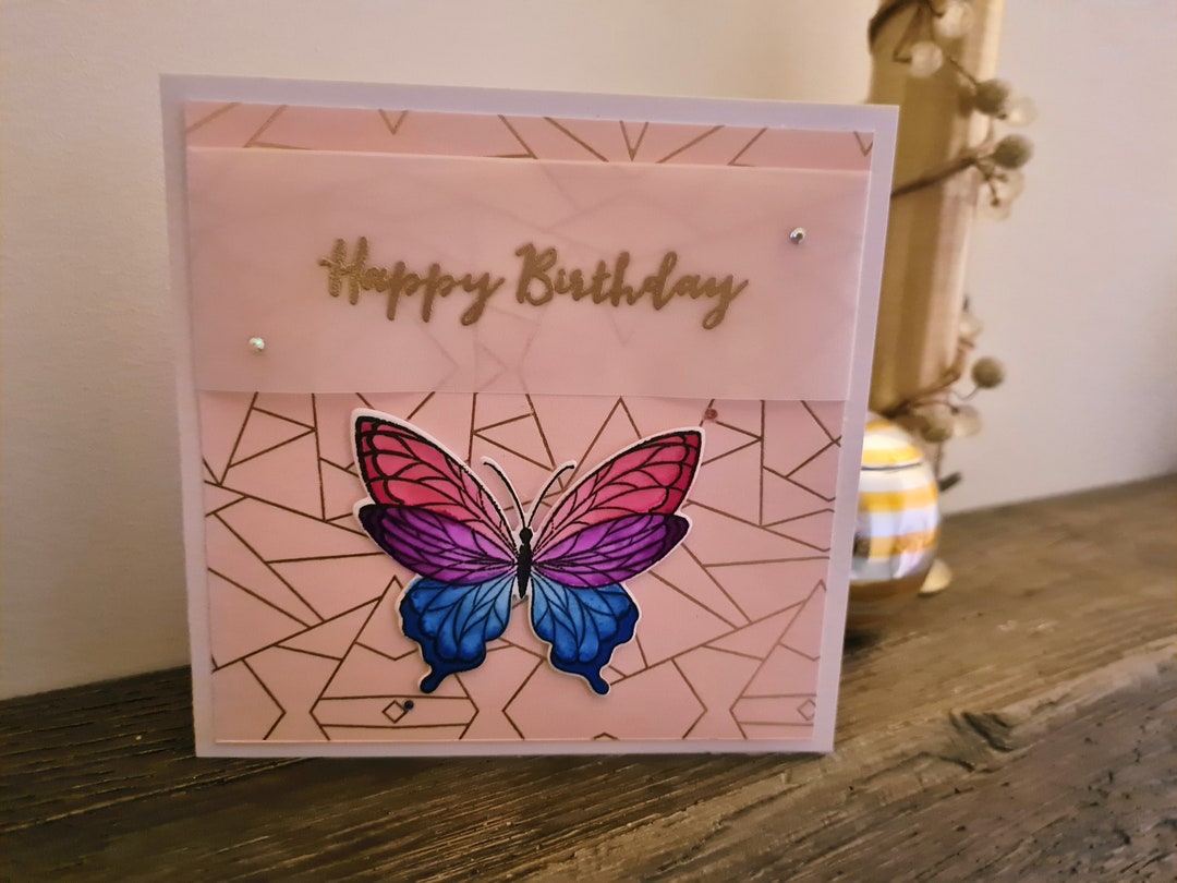 Pink, Purple and Blue Butterfly Happy Birthday Card With Gold Greeting