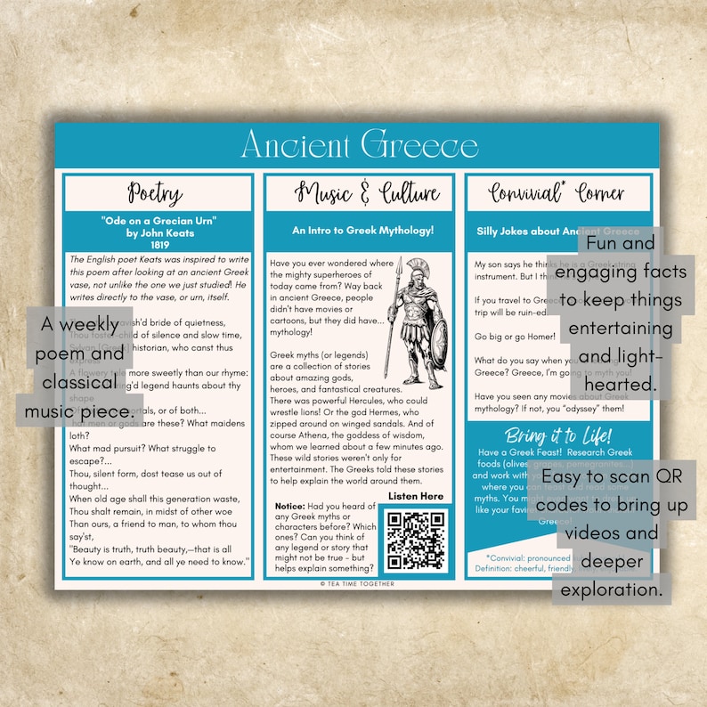Puede incluir: Una infograf&iacute;a colorida sobre la Antigua Grecia con texto sobre poes&iacute;a, m&uacute;sica, cultura y mitolog&iacute;a. La infograf&iacute;a incluye un c&oacute;digo QR para escanear y obtener m&aacute;s informaci&oacute;n.