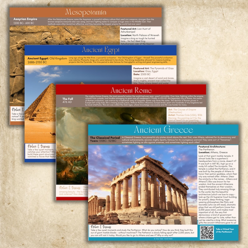 Puede incluir: Una infograf&iacute;a colorida con im&aacute;genes y texto sobre civilizaciones antiguas, incluyendo el Imperio Asirio, Mesopotamia, el Antiguo Egipto, la Antigua Roma y la Antigua Grecia. La infograf&iacute;a incluye informaci&oacute;n sobre la historia, la cultura y las caracter&iacute;sticas notables de cada civilizaci&oacute;n.