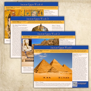 May include: A collage of images depicting different periods of ancient Egyptian history. Each image features a title, dates, and a brief description of the era. The images include a golden mask, a temple, and the pyramids of Giza.