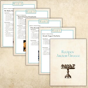 Puede incluir: Cuatro tarjetas de recetas imprimibles con una ilustraci&oacute;n vintage de una mesa con un plato de comida. Las tarjetas est&aacute;n tituladas "Recetas: Antigua Grecia" y presentan recetas de Parfaits de yogur griego, pan pita, pinwheels de spanakopita y bolitas de miel sin hornear. Cada tarjeta incluye una lista de ingredientes e instrucciones.