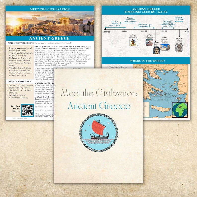 Puede incluir: Una gu&iacute;a ilustrada sobre la Antigua Grecia, con una l&iacute;nea de tiempo de los principales eventos, un mapa de la regi&oacute;n y una representaci&oacute;n de un barco navegando en un mar azul. El texto incluye las palabras "Meet the Civilization: Ancient Greece".