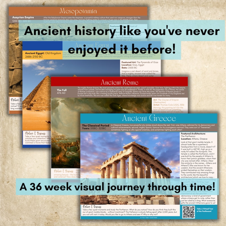 Puede incluir: Un p&oacute;ster colorido con el t&iacute;tulo "&iexcl;Historia antigua como nunca la has disfrutado!" El p&oacute;ster presenta im&aacute;genes de civilizaciones antiguas, incluidas las pir&aacute;mides de Giza, el Parten&oacute;n y el Coliseo. El p&oacute;ster tambi&eacute;n incluye texto sobre la historia de cada civilizaci&oacute;n.