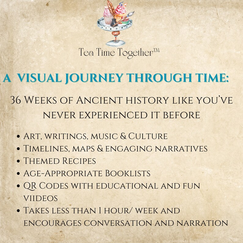 Puede incluir: Un viaje visual a trav&eacute;s del tiempo: 36 semanas de historia antigua. Este recurso educativo incluye arte, escritos, m&uacute;sica, cultura, cronolog&iacute;as, mapas, narrativas atractivas, recetas tem&aacute;ticas, listas de libros apropiadas para la edad, c&oacute;digos QR con videos educativos y divertidos. Lleva menos de 1 hora por semana y fomenta la conversaci&oacute;n y la narraci&oacute;n.