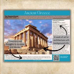 Puede incluir: Una foto del Parten&oacute;n, un gran templo de m&aacute;rmol en Atenas, Grecia. El templo est&aacute; construido en una colina y tiene un gran n&uacute;mero de columnas. El texto "Arquitectura destacada: El Parten&oacute;n" est&aacute; en la esquina superior derecha de la imagen. El texto "Ubicaci&oacute;n: Atenas, Grecia" est&aacute; debajo del t&iacute;tulo. El texto "Mira ese templo gigante de m&aacute;rmol. Casi parece..." est&aacute; debajo de la ubicaci&oacute;n. El texto "Una obra de arte o arquitectura con informaci&oacute;n de fondo." est&aacute; en la esquina inferior derecha de la imagen.