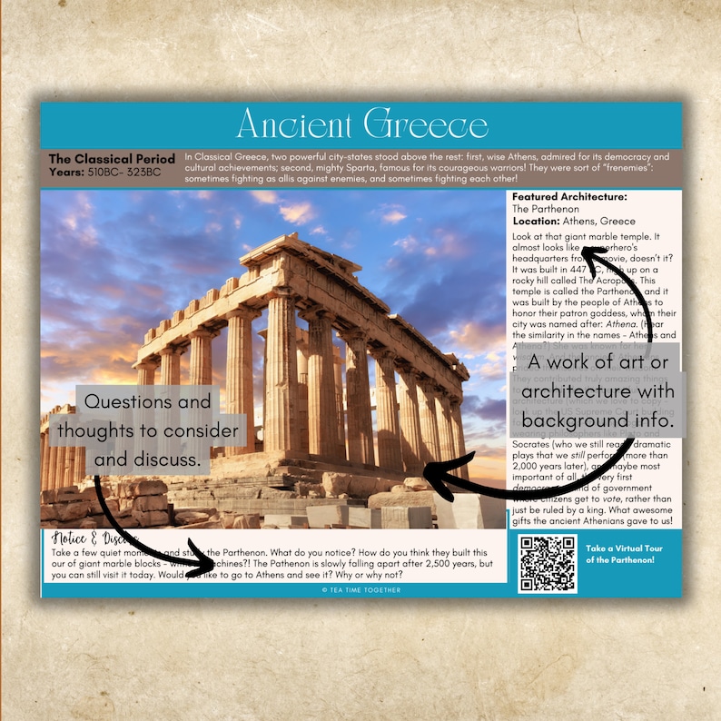 Puede incluir: Una foto del Parten&oacute;n, un gran templo de m&aacute;rmol en Atenas, Grecia. El templo est&aacute; construido en una colina y tiene un gran n&uacute;mero de columnas. El texto "Arquitectura destacada: El Parten&oacute;n" est&aacute; en la esquina superior derecha de la imagen. El texto "Ubicaci&oacute;n: Atenas, Grecia" est&aacute; debajo del t&iacute;tulo. El texto "Mira ese templo gigante de m&aacute;rmol. Casi parece..." est&aacute; debajo de la ubicaci&oacute;n. El texto "Una obra de arte o arquitectura con informaci&oacute;n de fondo." est&aacute; en la esquina inferior derecha de la imagen.