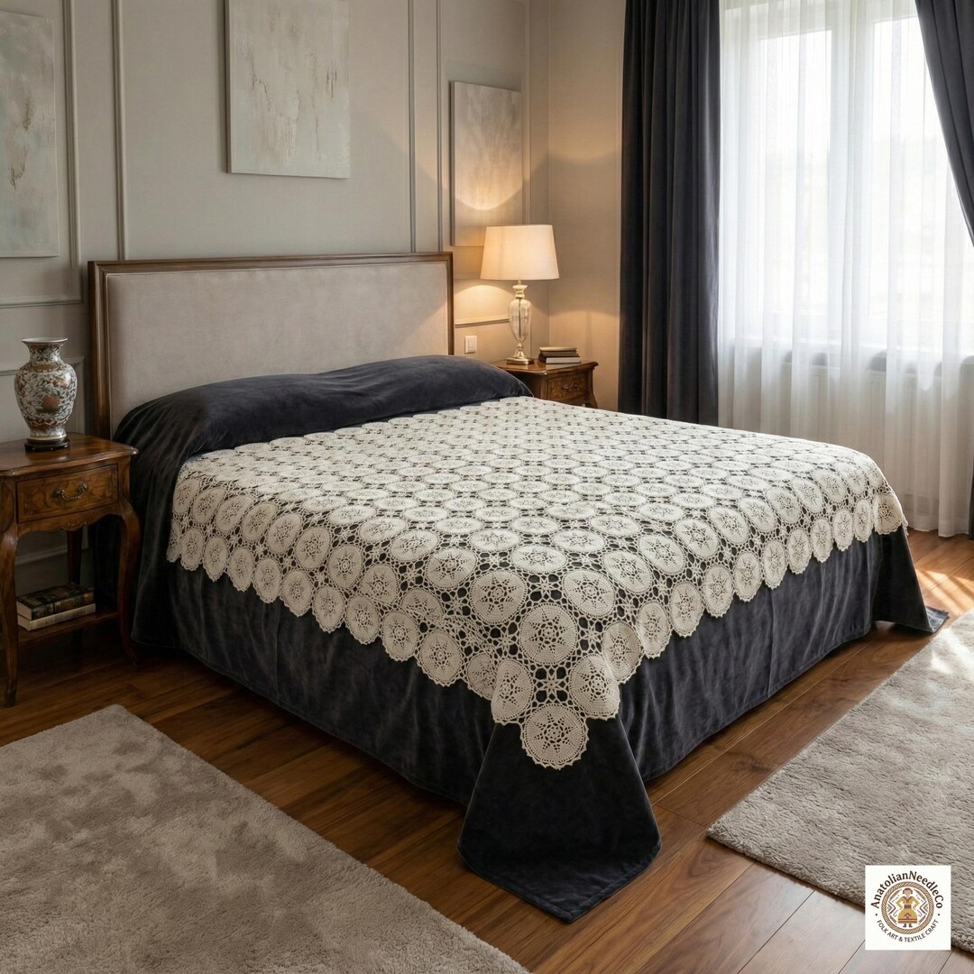 Handmade Crochet King Size Bedspread (250cm), Ecru Cotton Lace Bed ...