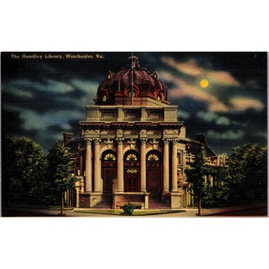 Cartão postal, Vintage, Winchester, VA, The Hadley Library, Vista noturna