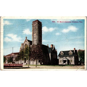 Cartão postal, Vintage, Catedral de St Marys e Bishop House, Cheyenne, WY, 8-5-1928 (PC93)