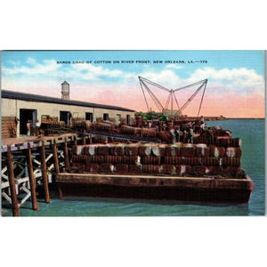Cartões postais, Vintage, Barcaças carregam fardos de algodão em River Front, Nova Orleans, La PC49