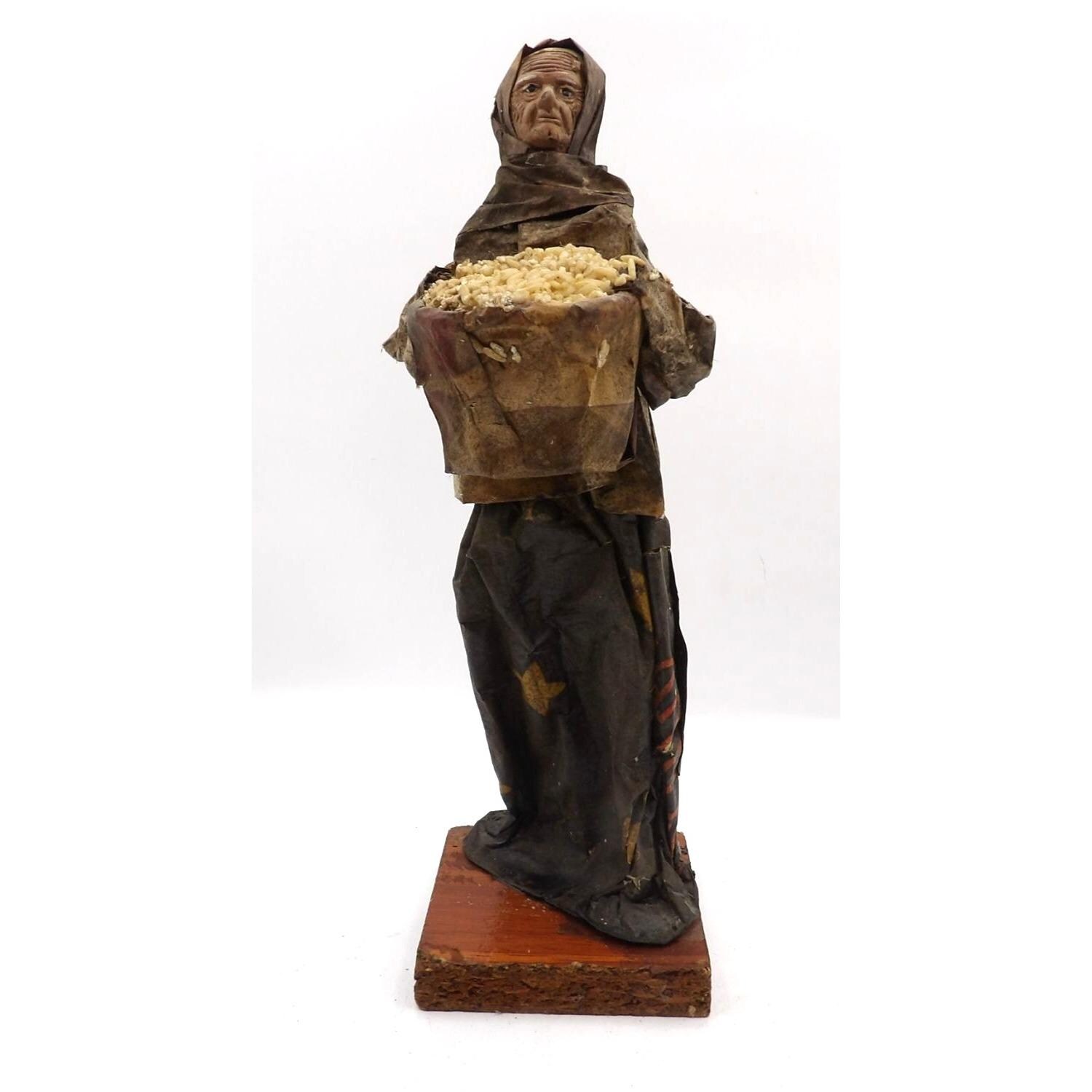Viejita Papel Mache Old Woman with basket of Rice Papier Mache 12x3.5x3.5 Mexico