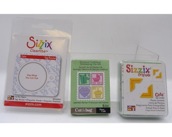 Sizzix Clearlits & Originals i Cuttlebug Die Cuts Embossing Set of 3 For Crafting - Round Tags, Photo Corners and Stamps