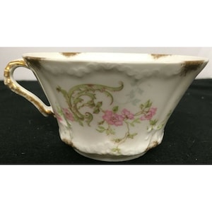 Theodore Haviland Limoges Francia Taza de Té Rosa/ Flores Verdes Acentos Dorados