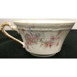 Theodore Haviland Limoges Francia Taza de Té Rosa/ Flores Verdes y Cinta Azul