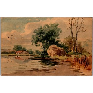 Cartão postal, saudação, paisagem pintada à mão, Elyria, Ohio, antigo, (PC124)