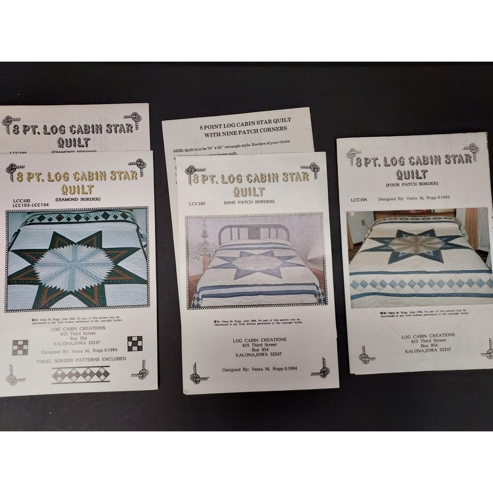 Quilt Pattern 8 Pt Log Cabin Star Quilt W. 3 Border Patterns.©1984 ...