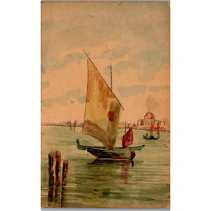Cartão postal, antigo, cartão de felicitações, lixo chinês pintado à mão, década de 1910