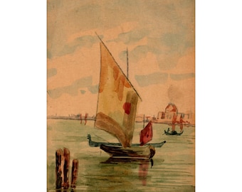 Postcard,Antique, Greeting Card, Hand Painted Chinese Junk, 1910s