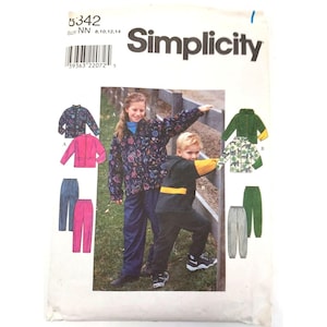 May include: Simplicity sewing pattern number 5342 for sizes NN 8, 10, 12, 14. The pattern includes instructions for making a jacket and pants for children. The image shows a girl and boy wearing the finished garments. The girl is wearing a floral print jacket and blue pants. The boy is wearing a green jacket with yellow accents and black pants.
