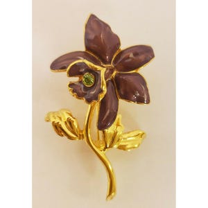 Jewelry, Brooch Orchid Enamel w green stone Joan Rivers Gold-tone metal (J65)