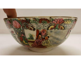 Rice Bowl Asian Porcelain Scenic Hand Painted, 19th Century Antique Marked (G50)