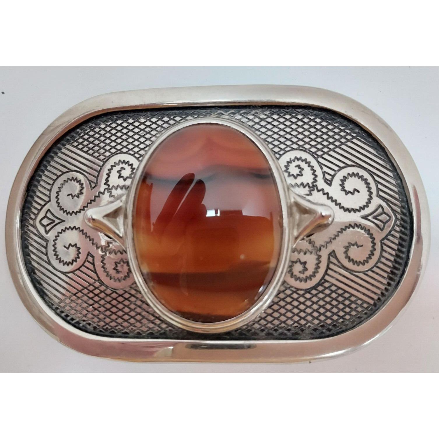 Belt Buckle Western Silvertone Etched Metal With Agate  display picture 3