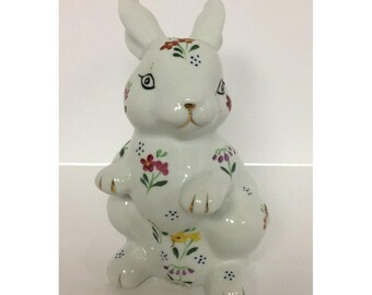 Ceramic Bunny 7&quot; Formalities by Baum Bros. Handpainted with Flowers 10KGold Trim