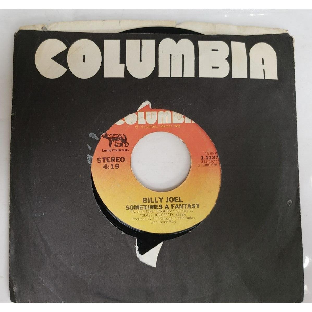 Record 45 RPM Vinyl Billy Joel- Sometimes a Fantasy/ All for Leyna