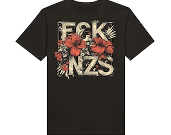 May include: Black t-shirt with a graphic print of the letters "FCK NZS" surrounded by red hibiscus flowers and green leaves.