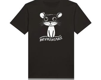 May include: Black t-shirt featuring a white cartoon mouse with large eyes, whiskers, and ears. The text "ANTIFASCHISMAUS" is printed in white below the mouse. The shirt is a classic crew neck style.