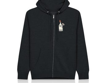 May include: A dark gray zippered hoodie with a small white graphic of a smiling bottle with a flame on top. The bottle has the word "Emptiness" written on it.