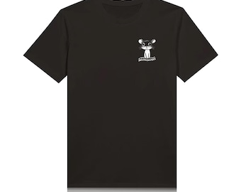 May include: Black t-shirt featuring a small white cartoon mouse illustration on the left chest. The mouse has large eyes and a simple design. Below the mouse is the word "INTERNATIONAL" in a stylized font. The shirt has short sleeves and a crew neck.