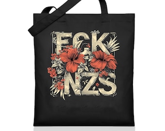 May include: Black tote bag with a graphic design featuring the letters "FCK NZS" in a vintage style, surrounded by red hibiscus flowers and green leaves.