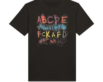 May include: Black t-shirt with a colorful graphic design of the letters "ABCDE" and "FCKAFD" written in a scribbled style.