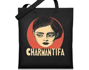 May include: Black tote bag with a red circle and a woman's face in black and white. The text "CHARMANTIFA" is printed in white on the bag.