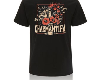 May include: Black t-shirt with a graphic of a burning bottle surrounded by red flowers and the text "CHARMANTIFA".