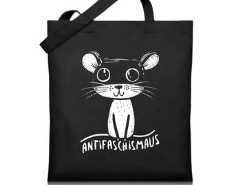 May include: Black tote bag featuring a white cartoon mouse with large eyes, whiskers, and the text "ANTIFASCHISMAUS" in a playful font. The bag has a simple, sturdy design with a single shoulder strap.