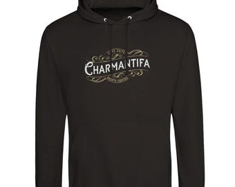 May include: Black hooded sweatshirt with a gold and white logo that says "Charmantifa" with the text "Echte Zeit" and "Rechte Fighter" in smaller font.