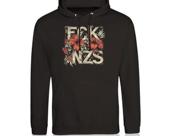 May include: Black hooded sweatshirt with a graphic print of the text "FCK NZS" surrounded by floral designs in shades of red and green.
