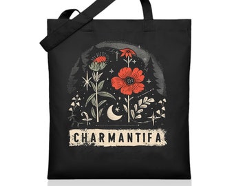 May include: Black tote bag with a floral design featuring red flowers, green leaves, and a crescent moon. The text "CHARMANTIFA" is printed in white on the bag.