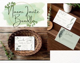 NAOMI Eucalyptus Wedding Invitation Template Bundle | Green Wedding Canva Template | RSVP Card Canva Template | Details Card Template
