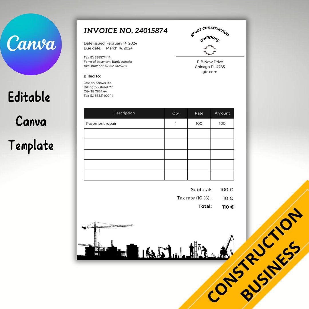 Construction Business Invoice Template: Editable Canva Form (digital ...