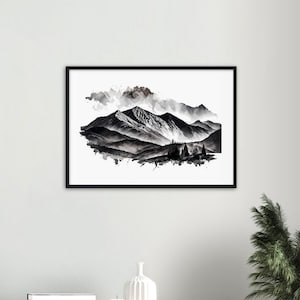 Forest Mountain Landscape Black and White Linocut Artwork Framed Wall Art  Print A4 