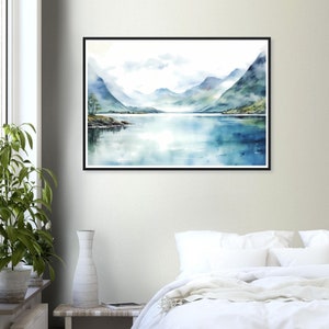 Norwegian Fjord Framed Poster, Watercolour Fjord Wall Art, Geirangerfjord Landscape Wall art