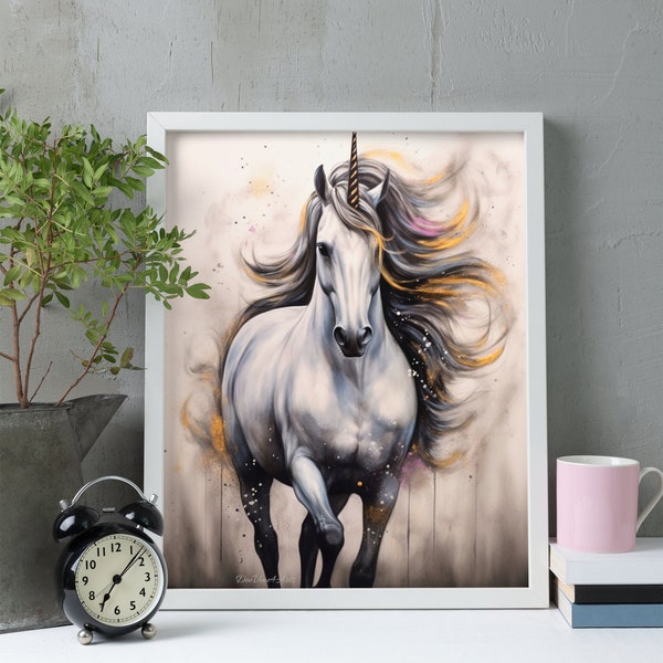 Licorne impression fusain Art numérique licorne noir et blanc mur Art pièce fusain cheval Printable Art cadeau pour elle