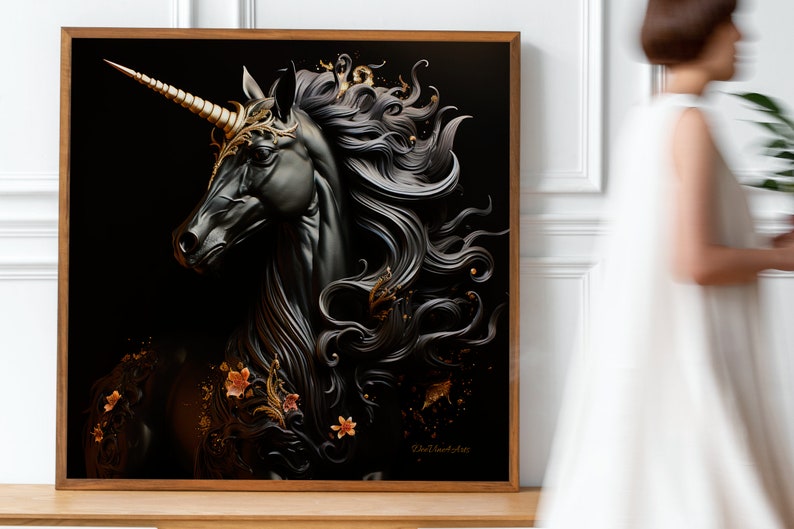 Black Unicorn Print Unicorn Artwork Fantasy Horse Digital Download Unicorn Wall Art Gift for Her ...