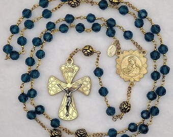 GOLDEN Teal Blue Crystal Large Rosary with Madonna and Child Centerpiece and Two-tone Flared Woven Design Crucifix