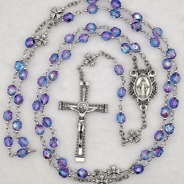 CZECH GLASS Blue and Pink Aurora Borealis Crystal Rosary with Ornate Miraculous Medal Centerpiece and Ornate Angels Crucifix