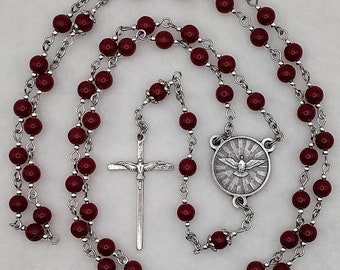 CZECH GLASS Red Confirmation Rosary with Holy Spirit Centerpiece and Holy Spirit Cross